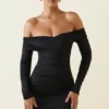 Rosanna Off-Shoulder Ruched Bodycon Mini Dress in Black