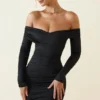 Rosanna Off-Shoulder Ruched Bodycon Mini Dress in Black