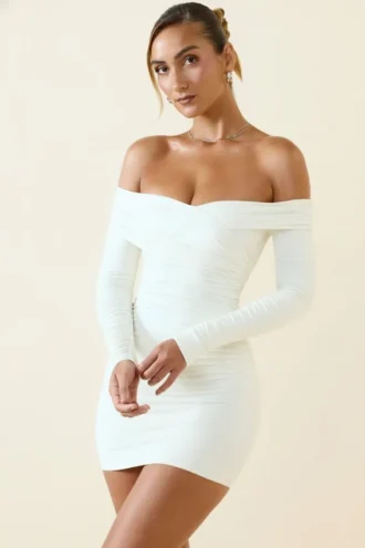 Rosanna Off-Shoulder Ruched Bodycon Mini Dress in Vanilla