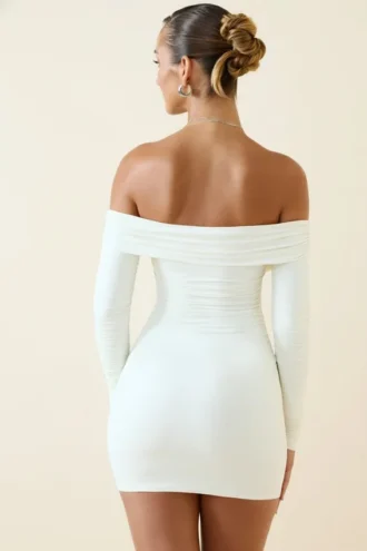 Rosanna Off-Shoulder Ruched Bodycon Mini Dress in Vanilla