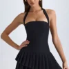 Rosaria Asymmetric Layered Halterneck Mini Dress in Black