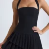 Rosaria Asymmetric Layered Halterneck Mini Dress in Black