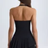 Rosaria Asymmetric Layered Halterneck Mini Dress in Black