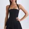 Rosaria Asymmetric Layered Halterneck Mini Dress in Black