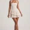 Rosaria Asymmetric Layered Halterneck Mini Dress in Ivory