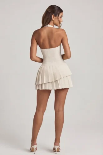 Rosaria Asymmetric Layered Halterneck Mini Dress in Ivory