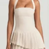 Rosaria Asymmetric Layered Halterneck Mini Dress in Ivory