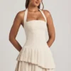 Rosaria Asymmetric Layered Halterneck Mini Dress in Ivory