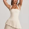 Rosaria Asymmetric Layered Halterneck Mini Dress in Ivory