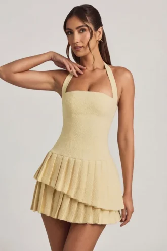 Rosaria Asymmetric Layered Halterneck Mini Dress in Pastel Yellow