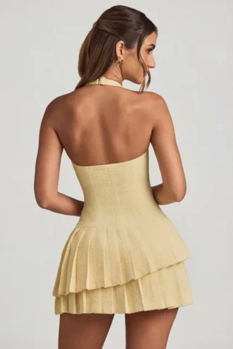 Rosaria Asymmetric Layered Halterneck Mini Dress in Pastel Yellow