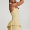 Rosaria Asymmetric Layered Halterneck Mini Dress in Pastel Yellow