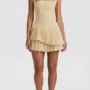 Rosaria Asymmetric Layered Halterneck Mini Dress in Pastel Yellow