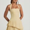 Rosaria Asymmetric Layered Halterneck Mini Dress in Pastel Yellow