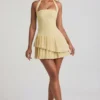 Rosaria Asymmetric Layered Halterneck Mini Dress in Pastel Yellow
