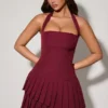 Rosaria Asymmetric Layered Halterneck Mini Dress in Wine Red