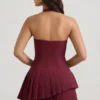 Rosaria Asymmetric Layered Halterneck Mini Dress in Wine Red