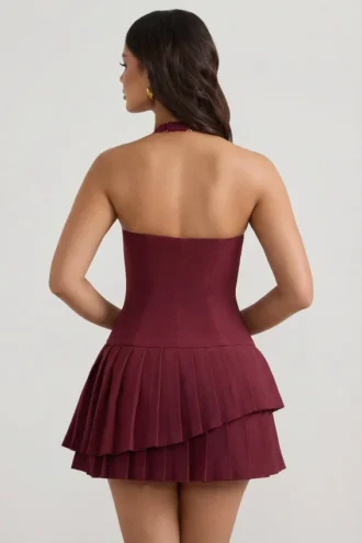 Rosaria Asymmetric Layered Halterneck Mini Dress in Wine Red