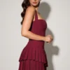 Rosaria Asymmetric Layered Halterneck Mini Dress in Wine Red