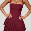Rosaria Asymmetric Layered Halterneck Mini Dress in Wine Red