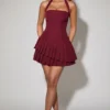 Rosaria Asymmetric Layered Halterneck Mini Dress in Wine Red