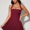 Rosaria Asymmetric Layered Halterneck Mini Dress in Wine Red