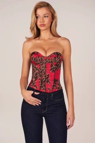 Rose Bandeau Lace-Up Corset Top  in Rose Leopard Print