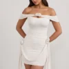 Roselle Floral-Detail Off-Shoulder Ruched Bodycon Mini Dress in Ivory