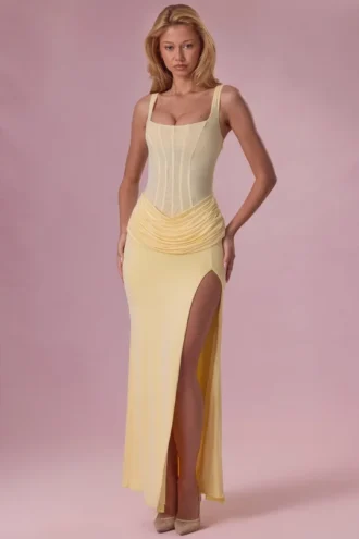 Rosina Mesh Draped Bridesmaid Dress in Butter Yellow