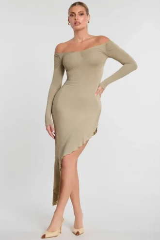 Roxana Long Sleeve Off-The-Shoulder Modal Cashmere Blend Maxi Dress in Taupe