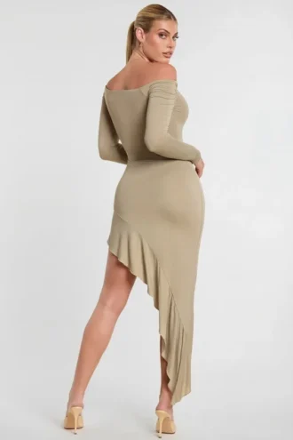 Roxana Long Sleeve Off-The-Shoulder Modal Cashmere Blend Maxi Dress in Taupe