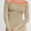 Roxana Long Sleeve Off-The-Shoulder Modal Cashmere Blend Maxi Dress in Taupe