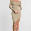 Roxana Long Sleeve Off-The-Shoulder Modal Cashmere Blend Maxi Dress in Taupe
