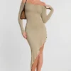 Roxana Long Sleeve Off-The-Shoulder Modal Cashmere Blend Maxi Dress in Taupe