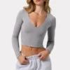 Ruched Long-Sleeve Crop Top in Grey
