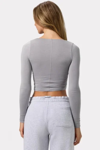 Ruched Long-Sleeve Crop Top in Grey