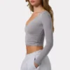 Ruched Long-Sleeve Crop Top in Grey