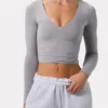 Ruched Long-Sleeve Crop Top in Grey