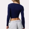 Ruched Long-Sleeve Crop Top in Navy