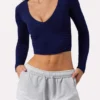 Ruched Long-Sleeve Crop Top in Navy