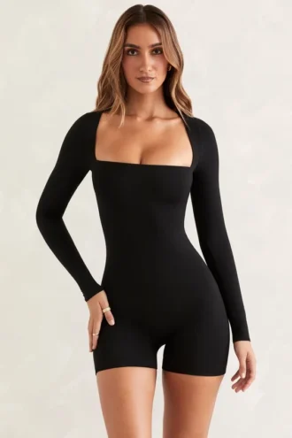 Rue Long Sleeve Square Neck Unitard in Black