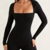 Rue Long Sleeve Square Neck Unitard in Black