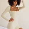 Rue Long Sleeve Square Neck Unitard in Ivory