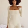 Rue Long Sleeve Square Neck Unitard in Ivory