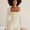 Rue Long Sleeve Square Neck Unitard in Ivory