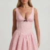 Sabina Bow-Detail A-Line Mini Dress in Pink Polka Dot