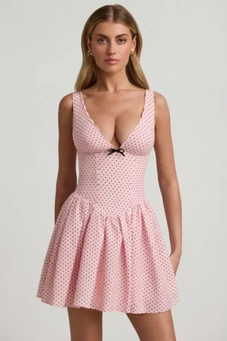 Sabina Bow-Detail A-Line Mini Dress in Pink Polka Dot