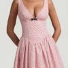 Sabina Bow-Detail A-Line Mini Dress in Pink Polka Dot