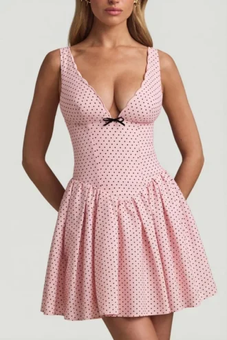 Sabina Bow-Detail A-Line Mini Dress in Pink Polka Dot