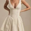 Sabina Broderie Anglaise Bow-Detail A-Line Mini Dress in Ivory